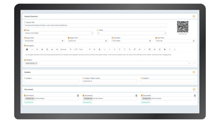 Easily assign session rooms, speakers and upload presentations